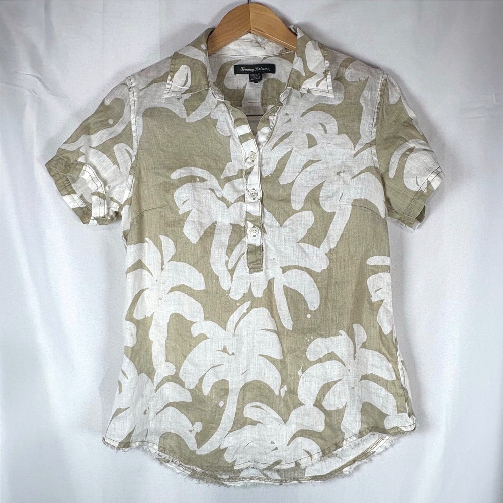 Tommy Bahama Womens XS Linen‎ Palm Print Short Sleeve Frayed Hem Shirt Khaki